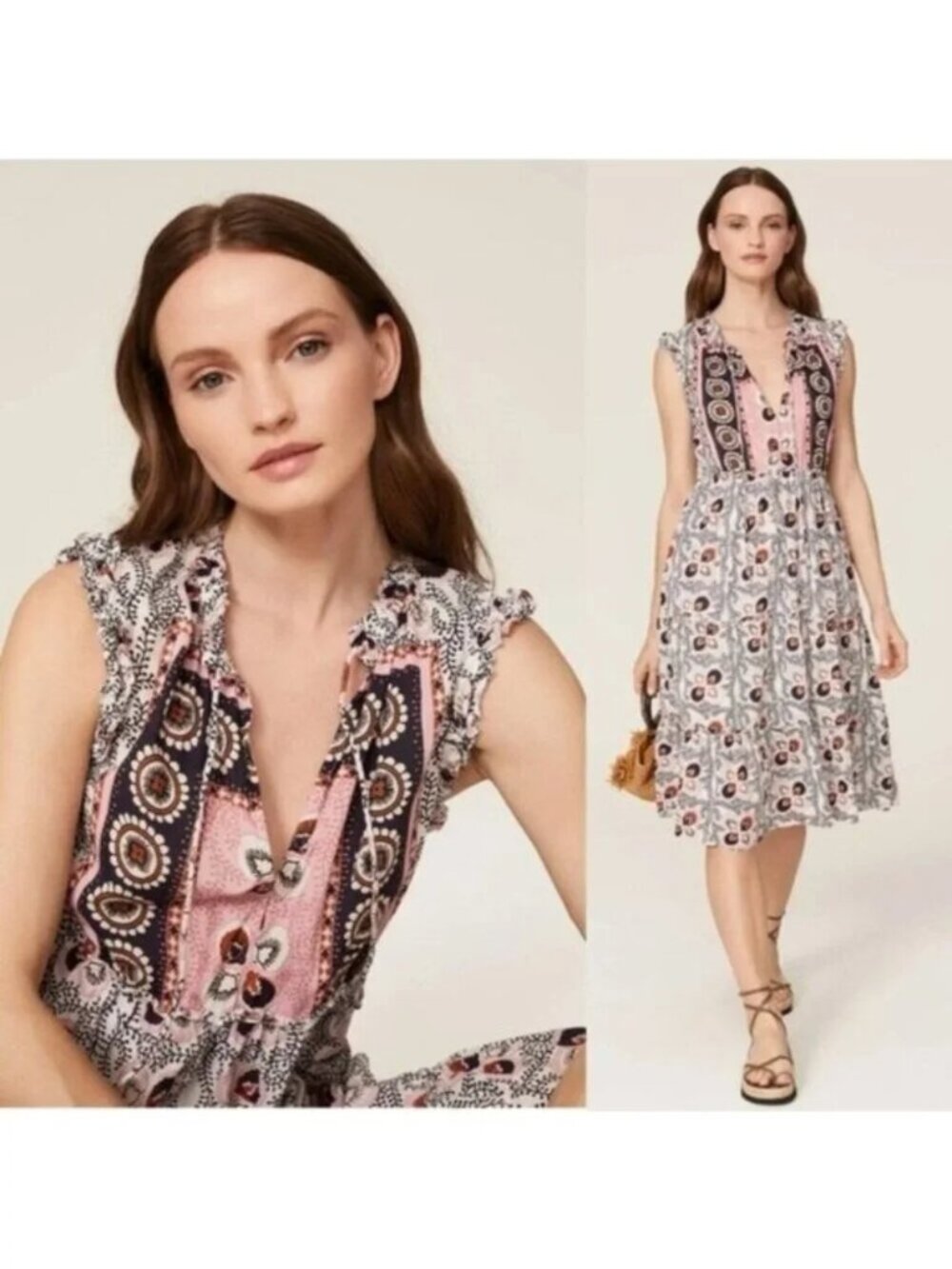 FIGUE Clara Tiered Midi Dress in Water Lily Brown Flowy Boho Sleeveless Shift LG